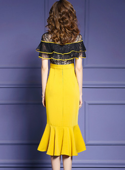 Fashion Color-blocked Lace Perspective Tied Sheath Midi Dress