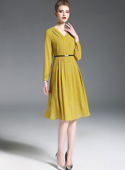 Casual Pure Color Pleated A Line Dress