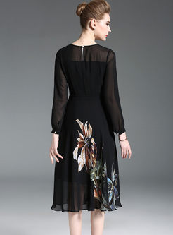 Fashion Flower Print Lace Splicing A Line Dress
