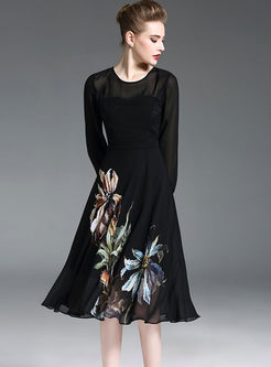 Fashion Flower Print Lace Splicing A Line Dress