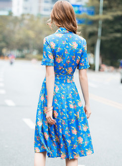 Blue Flower Print Lapel A Line Dress