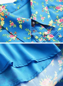 Blue Flower Print Lapel A Line Dress