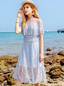 Blue See Through Flare Sleeve Lace Dress