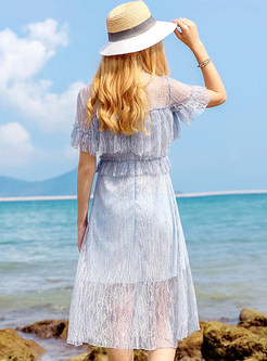 Blue See Through Flare Sleeve Lace Dress
