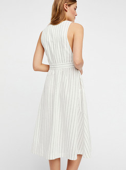 Brief Sleeveless Striped V-neck Slit Dress