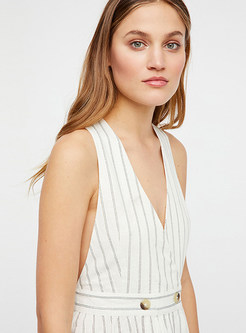 Brief Sleeveless Striped V-neck Slit Dress