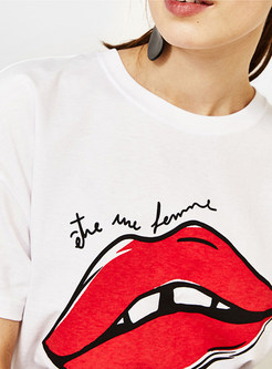 Lips Pattern Letter Print White T-shirt