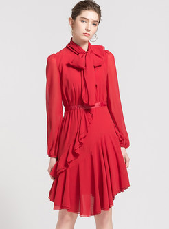 Red Bowknot Tie Lantern Sleeve Asymmetric Dress
