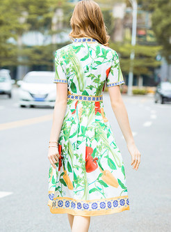 Green Fashion Print Slim Skater Dress