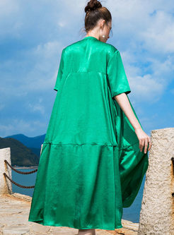 Green Single-breasted Short Sleeve Long Coat 