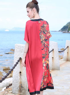 Red Floral Print V-neck Splicing Shift Dress