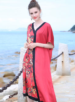 Red Floral Print V-neck Splicing Shift Dress