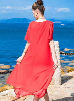 Red Casual Elegant Stitching Round Neck Dress