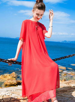 Red Casual Elegant Stitching Round Neck Dress
