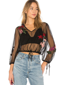 Sexy Mesh Floral Embroidery See Through Top 