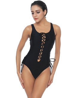 Black One Piece Swimsuit Tied Hollow For Women