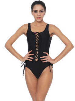 Black One Piece Swimsuit Tied Hollow For Women