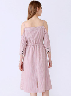 Pink Vertical Striped A Line Midi Dress