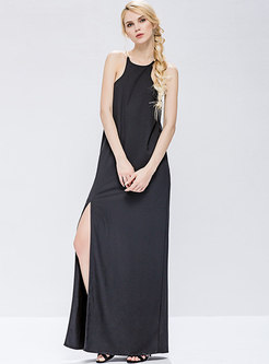 Black Elegant Straped Neck Split Maxi Dress