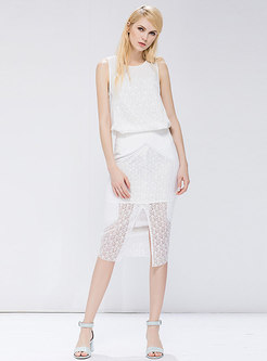 White Split Lace Perspective Bodycon Skirt