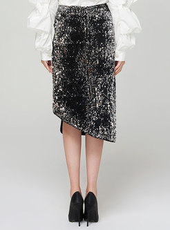 Black Split Asymmetric Sequined Midi Skirt