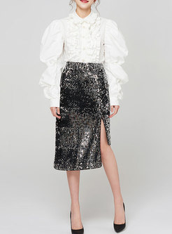 Black Split Asymmetric Sequined Midi Skirt