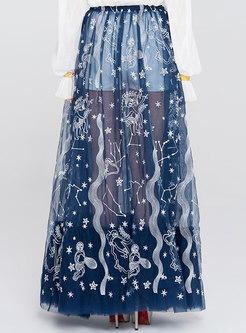 Blue Embroidery Perspective A Line Skirt