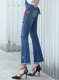 Fashion Rose Embroidery Edging Jeans