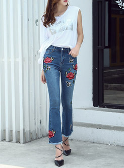 Fashion Rose Embroidery Edging Jeans