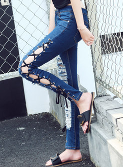 Sexy Hole Edging Tied Pencil Jeans