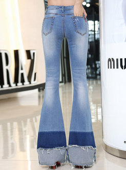Chic Color-matched Patched Edging Flare Jeans