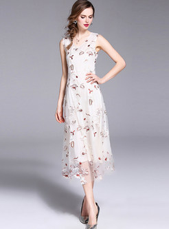 Gauze Embroidered Sleeveless Slim Maxi Dress