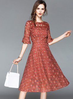 Lace Embroidered Half Sleeve Midi Dress