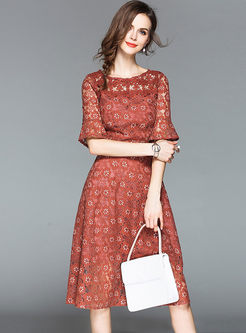 Lace Embroidered Half Sleeve Midi Dress