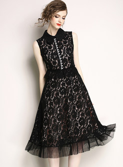 Black Sleeveless Mesh Splicing Lace Dress
