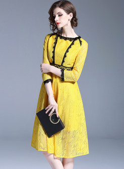 Yellow Lace Stitching Midi Dress