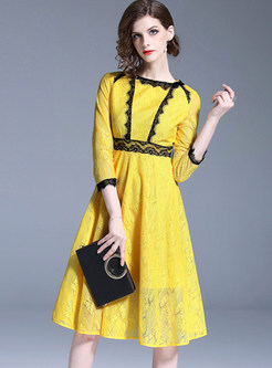 Yellow Lace Stitching Midi Dress