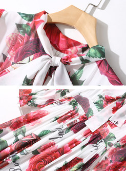 Stylish Floral Print Bowknot Tied Skater Dress