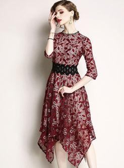 Red Lace Gathered Waist Skater Dress
