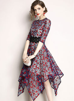 Hit Color Lace Asymmetric Dress