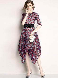 Hit Color Lace Asymmetric Dress