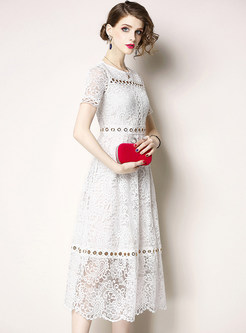 White Fashion Short Sleeve Lace Dress