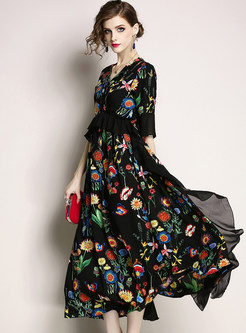 Floral Print Big Hem Chiffon Dress
