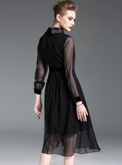 Black Lapel Perspective Long Sleeve Chiffon Dress