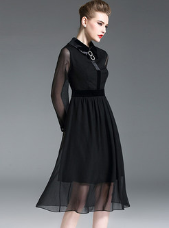 Black Lapel Perspective Long Sleeve Chiffon Dress