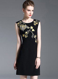 Black Embroidered Sleeveless Sheath Dress