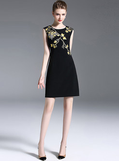 Black Embroidered Sleeveless Sheath Dress