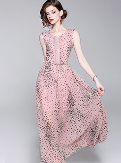 Pink Stars Pattern Sleeveless Maxi Dress
