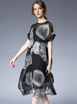 Geometry Print Fashion Chiffon Dress With Underskirt