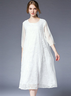 White Silk Embroidered Shift Dress